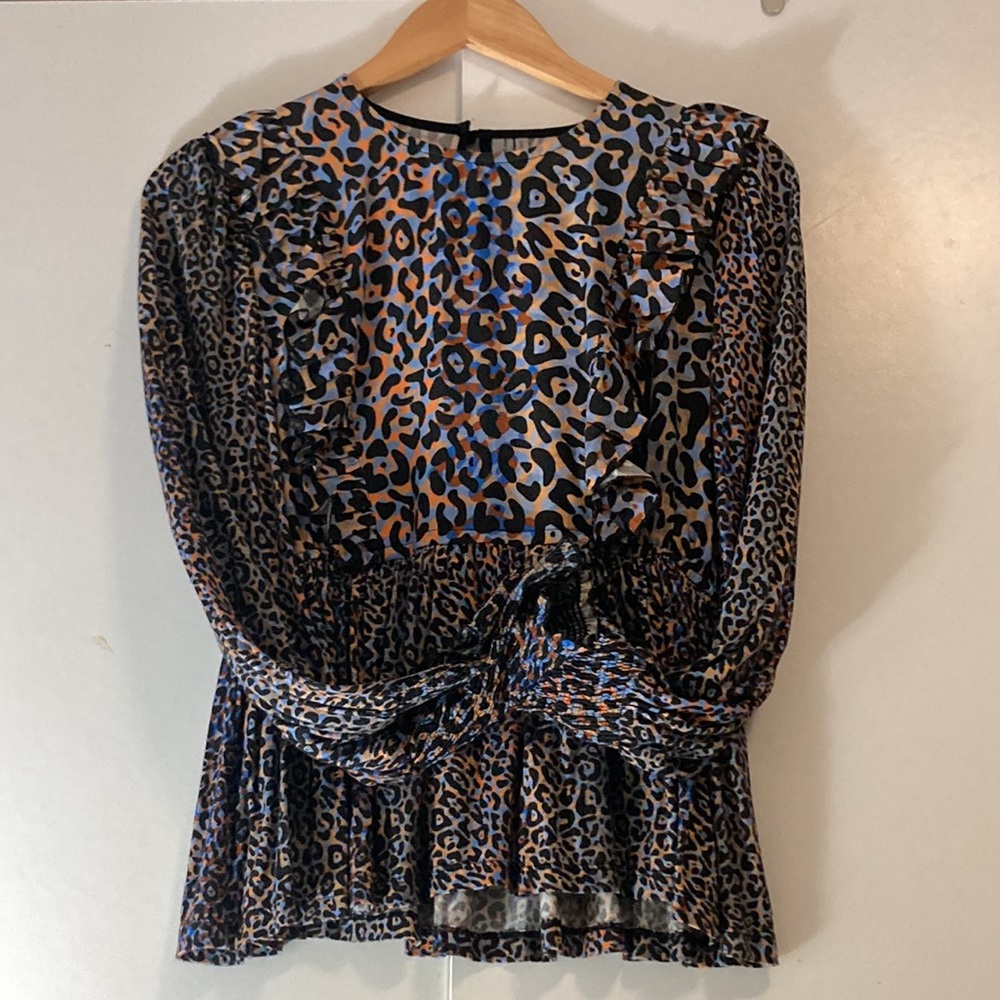 Anthropologie Blank London Moira Peplum Blouse Long Sleeves Leopard Print - Picture 6 of 8
